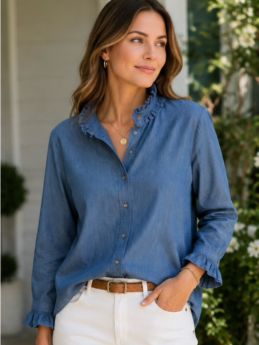 J.Crew Classic Chambray Ruffle Collar Button Up Shirt Women’s Size 2 Blue Cotton